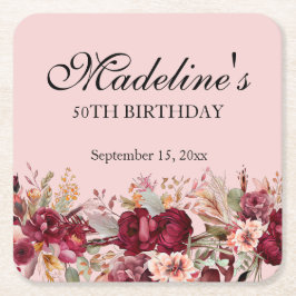 ピンクブルゴーニュフローラ女子50誕生日 スクエアペーパーコースター