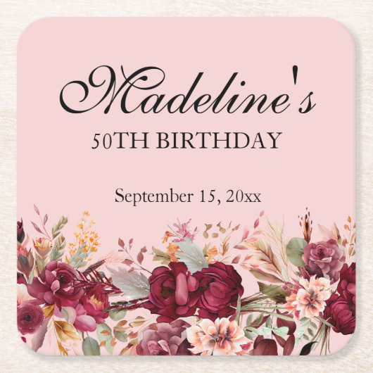 ピンクブルゴーニュフローラ女子50誕生日 スクエアペーパーコースター (正面)
