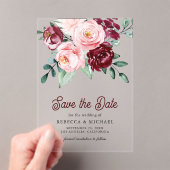 ピンクブルゴーニュフローラ結婚式の日付を保存 アクリル招待状 (インサイチュ (ポータブル))