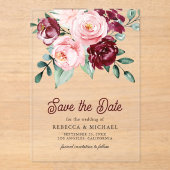 ピンクブルゴーニュフローラ結婚式の日付を保存 アクリル招待状 (正面)