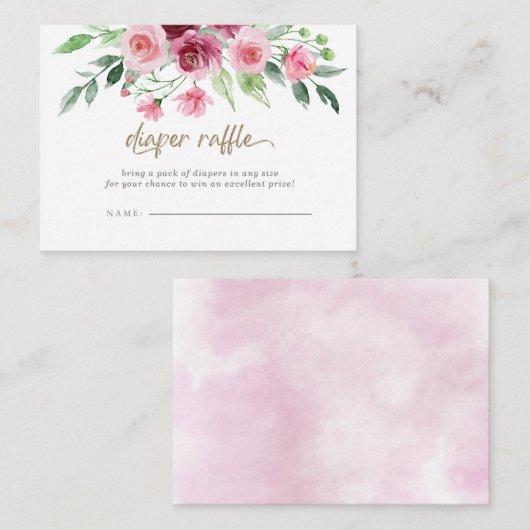 ピンクブルゴーニュフローラ赤ちゃんシャワーおむつラッフル エンクロージャーカード (正面/裏面)
