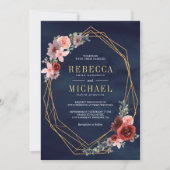 ピンクブルゴーニュフローラ金ゴールドオールインワンネイビー結婚ズ 招待状 (正面)