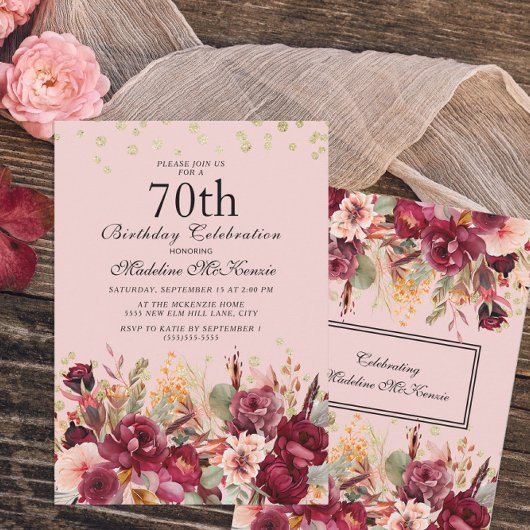 ピンクブルゴーニュフローラ金ゴールドグリッター70誕生日 招待状