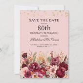 ピンクブルゴーニュフローラ金ゴールドグリッター80誕生日 セーブザデート (正面)
