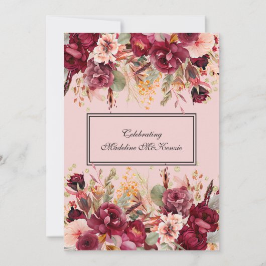 ピンクブルゴーニュフローラ金ゴールドグリッター80誕生日 招待状 (裏面)