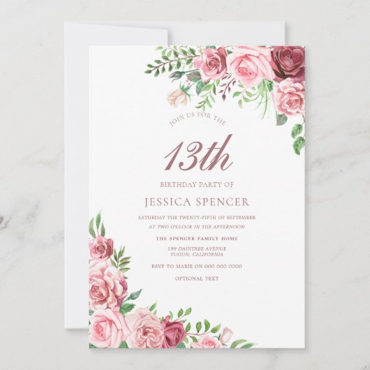 ピンクブルゴーニュ女子12位13位14誕生日招待状 招待状 (正面)