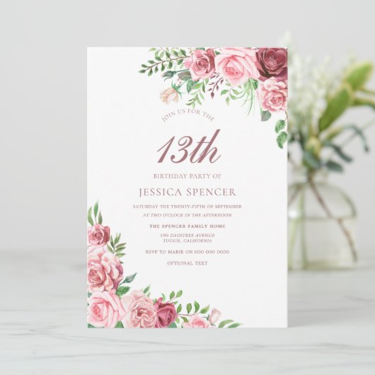 ピンクブルゴーニュ女子12位13位14誕生日招待状 招待状 (スタンド正面)