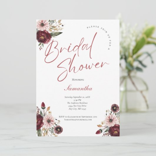 ピンクブルゴーニュ水カラーフローラブライダルシャワー 招待状 (スタンド正面)