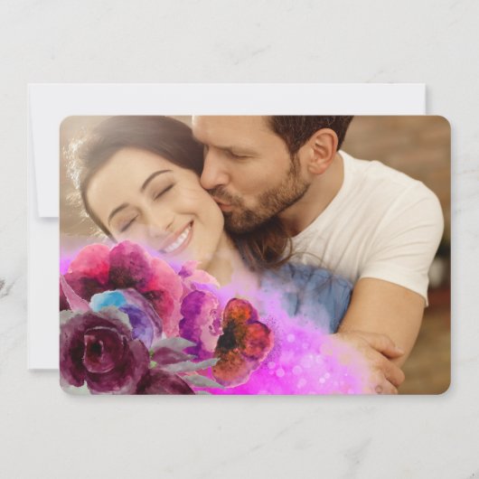 ピンクブルゴーニュ水彩フローラ2枚結婚の写真 招待状 (正面)