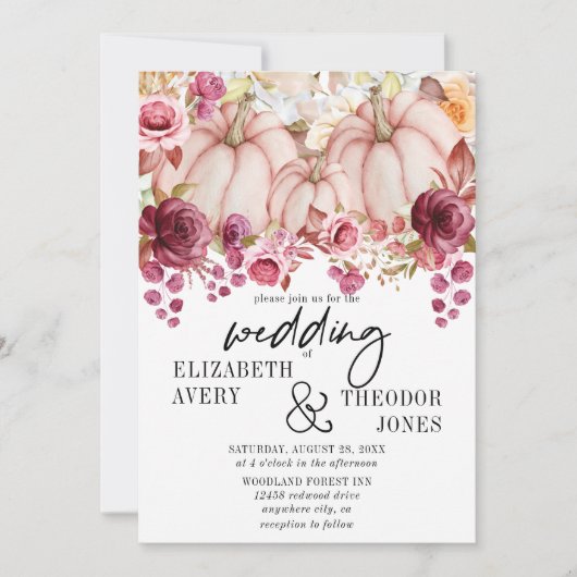 ピンクブルゴーニュ秋結婚のカボチャフローラ 招待状 (正面)