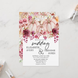 ピンクブルゴーニュ秋結婚のカボチャフローラ 招待状