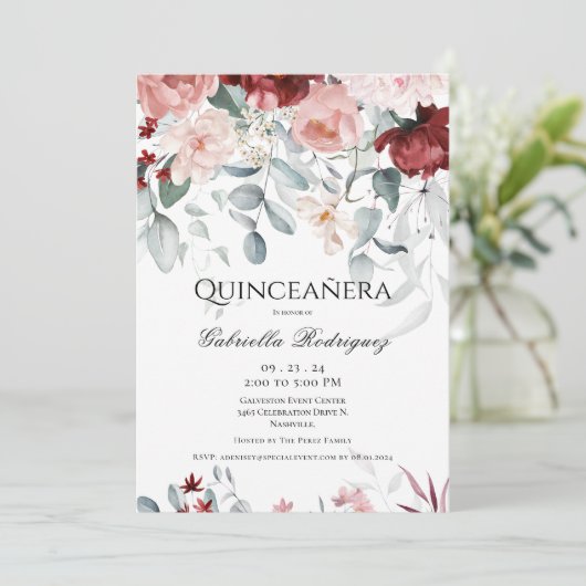 ピンクブルゴーニュ赤面フローラウォーターカラーキンセアニラ 招待状 (スタンド正面)