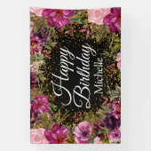 ピンクブルゴーニュ金ゴールドグリッターブラックハッピーバースデー 横断幕 (縦)