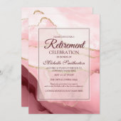 ピンクブルゴーニュ金ゴールドマーブルアゲートリタイアメントパーティー 招待状 (正面/裏面)
