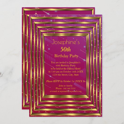 ピンクブルゴーニュ50thバースデーパーティー金ゴールド 招待状 (正面/裏面)