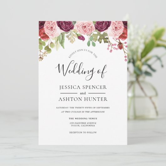 ピンクブルゴーニュ&パープルウォーター色のフローラ結婚ズ 招待状 (スタンド正面)