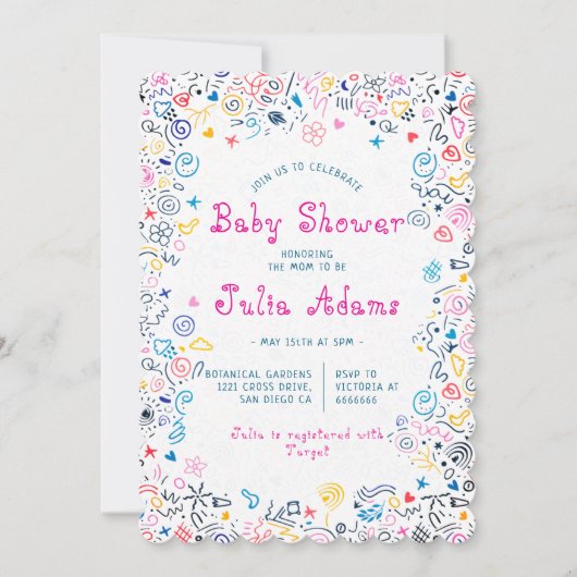 ピンクブルーかわいい可愛いドードルおもしろいトイベビーシャワー 招待状 (正面)