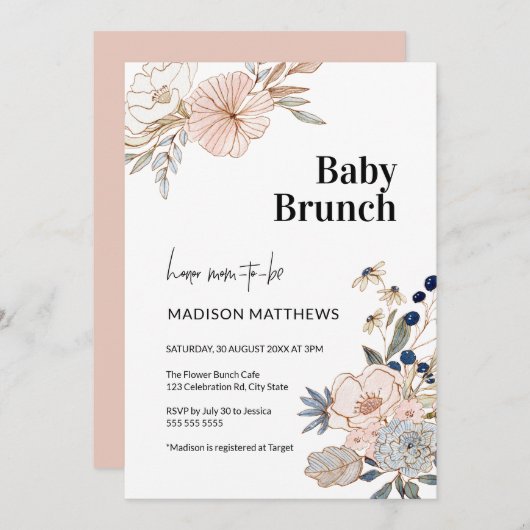 ピンクブルーかわいらしフローラベビーブランチシャワー 招待状 (正面/裏面)