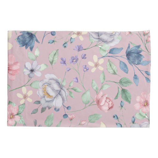 ピンクブルーとイエローフローラパープルピローケース 枕カバー (裏面)