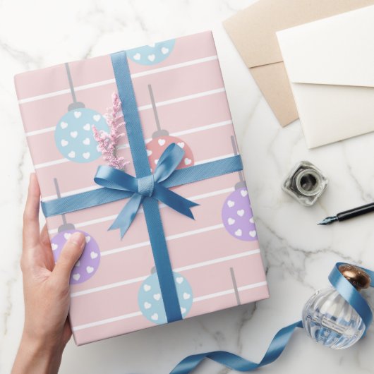 ピンクブルーとパープルの水玉模様ハート ラッピングペーパー (ギフト)