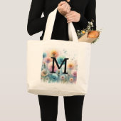 ピンクブルーのたんぽぽの花の水彩モノグラム ラージトートバッグ (正面(商品))