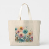 ピンクブルーのたんぽぽの花の水彩モノグラム ラージトートバッグ (裏面)