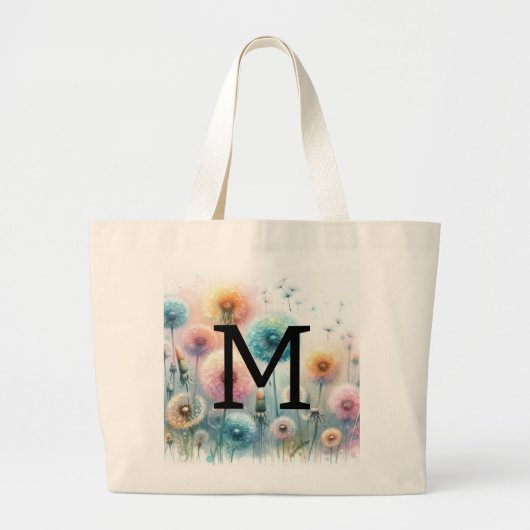 ピンクブルーのたんぽぽの花の水彩モノグラム ラージトートバッグ (正面)