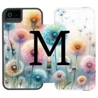 ピンクブルーのタンポポの花の水彩モノグラム iPhone SE/5/5sウォレットケース