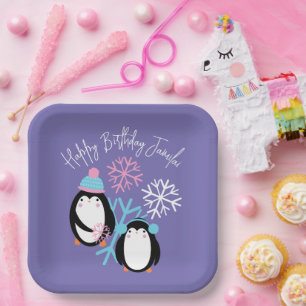 ピンクブルーのペンギンの誕生日スノーフレーク冬のパーティー ペーパープレート