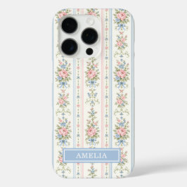 ピンクブルーの水彩花柄ストライプ iPhone 16 PROケース