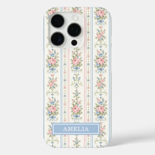ピンクブルーの水彩花柄ストライプ Case-Mate iPhoneケース (裏面)