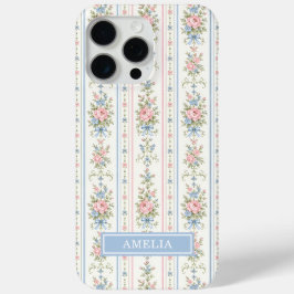 ピンクブルーの水彩花柄ストライプ iPhone 15 PRO MAXケース