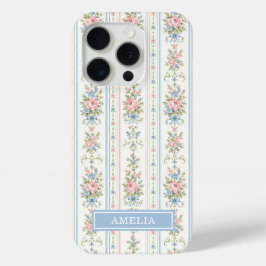 ピンクブルーの水彩花柄ストライプ iPhone 15 PROケース