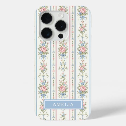 ピンクブルーの水彩花柄ストライプ Case-Mate iPhoneケース (裏面)