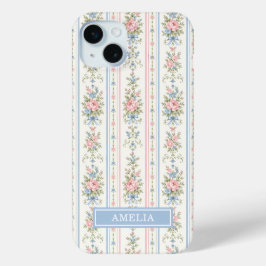 ピンクブルーの水彩花柄ストライプ iPhone 15 MINIケース