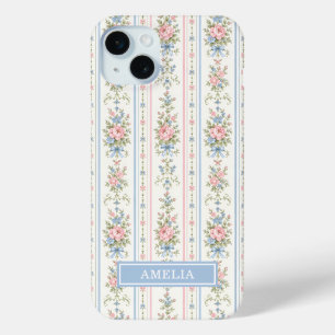 ピンクブルーの水彩花柄ストライプ iPhone 15 MINIケース