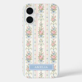 ピンクブルーの水彩花柄ストライプ iPhone 16ケース