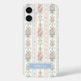 ピンクブルーの水彩花柄ストライプ iPhone 16 PLUSケース