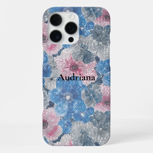 ピンクブルーの花のスパークル iPhoneケース (裏面)