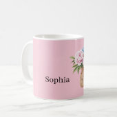 ピンクブルーの花の編みかご コーヒーマグカップ (正面左)