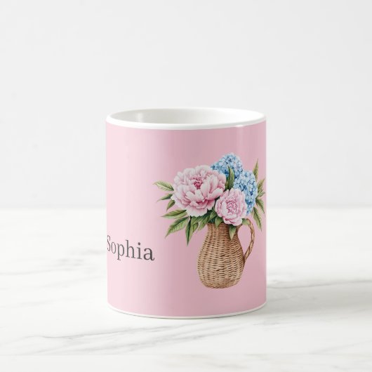 ピンクブルーの花の編みかご コーヒーマグカップ (中央)