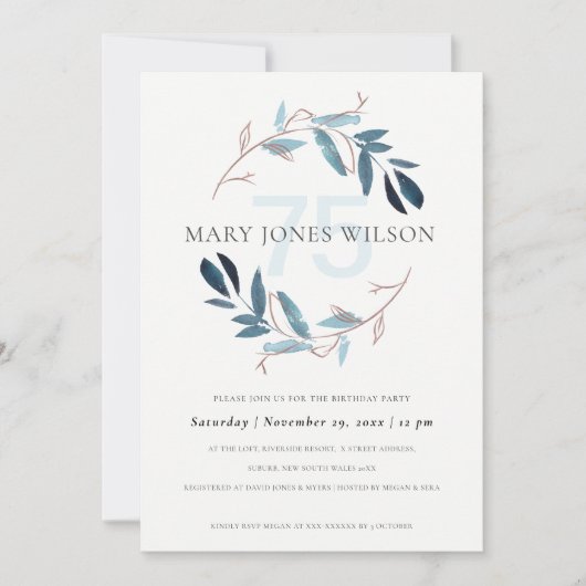 ピンクブルーの葉リース75歳の誕生日カード サンキューカード (正面)