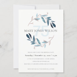 ピンクブルーの葉リース75歳の誕生日カード サンキューカード