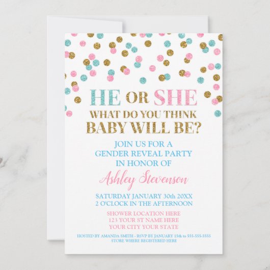 ピンクブルーの金ゴールド紙吹雪の性別が赤ちゃんのシャワーを明かす 招待状 (裏面)