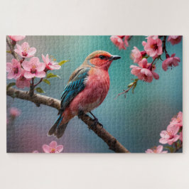 ピンクブルーの鳥と桜 ジグソーパズル
