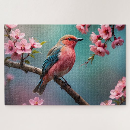 ピンクブルーの鳥と桜 ジグソーパズル (横)
