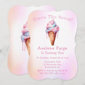 ピンクブルーアイスクリームガールバースデーパーティー 招待状 (正面/裏面)