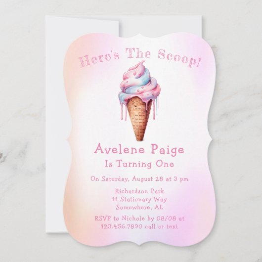 ピンクブルーアイスクリームガールバースデーパーティー 招待状 (正面)