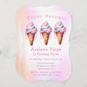 ピンクブルーアイスクリームスリースクープ誕生日パーティー 招待状 (正面/裏面)