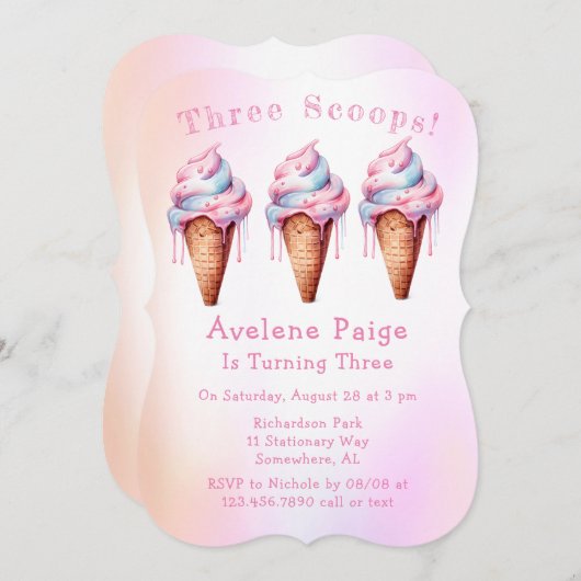 ピンクブルーアイスクリームスリースクープ誕生日パーティー 招待状 (正面/裏面)